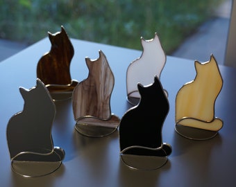 Cat Stained glass hanging, standing Suncatcher, black, white, gray, brown mottled, cocoa, amber. Gift for animal lover, shelf Table sitters.