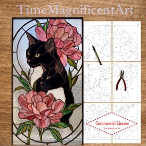 Modello avanzato per vetrata artistica "Due gatti tra le peonie": modello PDF stampabile con licenza commerciale, disponibile in 2 formati: 32"x18" e 24"x13,5".