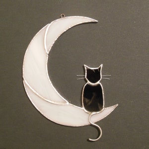 Hanging Suncatcher Black Cat On Moon stained glass window is a unique handmade decor, idea for anniversary, birthday and Christmas gift for an animal lover. This cute miniature art can decorate your home and garden outdoor decor, pet loss memorial.