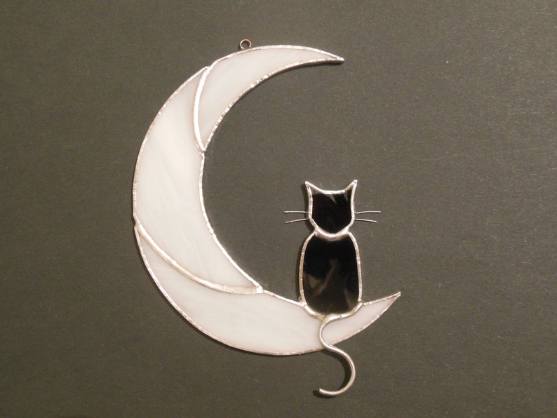 Black Cat on the Moon . Art Stained Glass Window Hanging Etsy