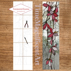May include: A stained glass panel featuring a floral design in pink, white, and green. Beside it is a paint-by-numbers image of the same design, with tools and the text "Commercial License TimeMagnificentArt".