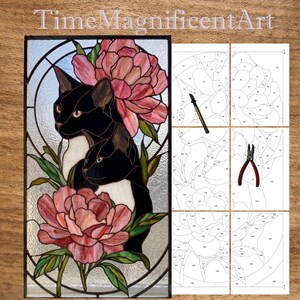 Two Cats in Peonies Stained Glass Pattern: Advanced Printable PDF Template  size 2 options 32"x18" and 24"x13.5"