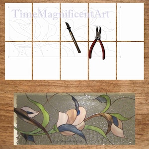 May include: A stained glass art project with a floral design, featuring a light pink and blue flower with green leaves and brown stems. The image also includes a pair of pliers, a craft knife, and a grid of numbered sections. The text "TimeMagnificentArt" is visible.