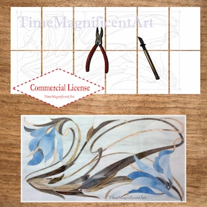 May include: A paint-by-numbers kit with a floral design, featuring blue flowers and brown stems. The kit includes a canvas, paints, and tools. The image also shows red pliers and a small brush. The words "Commercial License" are visible.