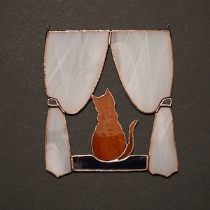 Orange Cat in the Window Original Stained glass window hanging Suncatcher . Gift for animal lover , pet loss memorial . ginger