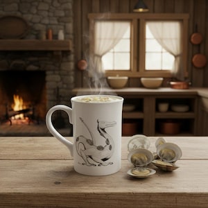 Puede incluir: Una taza de cerámica blanca con una ilustración de dragón en blanco y negro, llena de sopa humeante. La taza está sobre una mesa de madera junto a conchas abiertas. El fondo muestra una cocina rústica con chimenea.