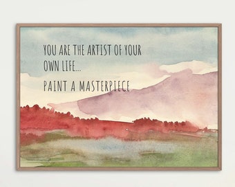 Watercolor Mountain Landscape Art Print, Inspirational Quote (Digital Download)