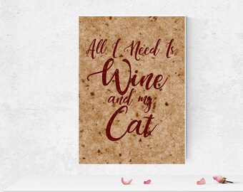 Wine and Cat Themed Wall Art Printable Digital Art Print