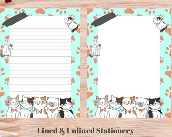 Cat Printable Stationery, Floral Letter Writing Paper (Digital Download)