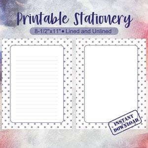 May include: Printable stationery with a white background and a blue star pattern border. The paper is lined on the left and unlined on the right. The text "Printable Stationery" is at the top of the image. The text "8-1/2"x11" - Lined and Unlined" is below the title. The text "INSTANT DOWNLOAD" is in a blue stamp on the right side of the image.