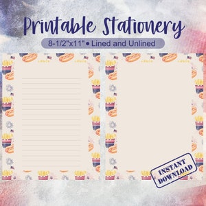 May include: Printable stationery featuring a lined and unlined sheet of paper with a border of hot dogs and french fries in red, white, and blue patriotic colors. The text "Printable Stationery" and "8-1/2"x11" - Lined and Unlined" is at the top of the image. The text "INSTANT DOWNLOAD" is in a red, white, and blue stamp at the bottom right corner of the image.