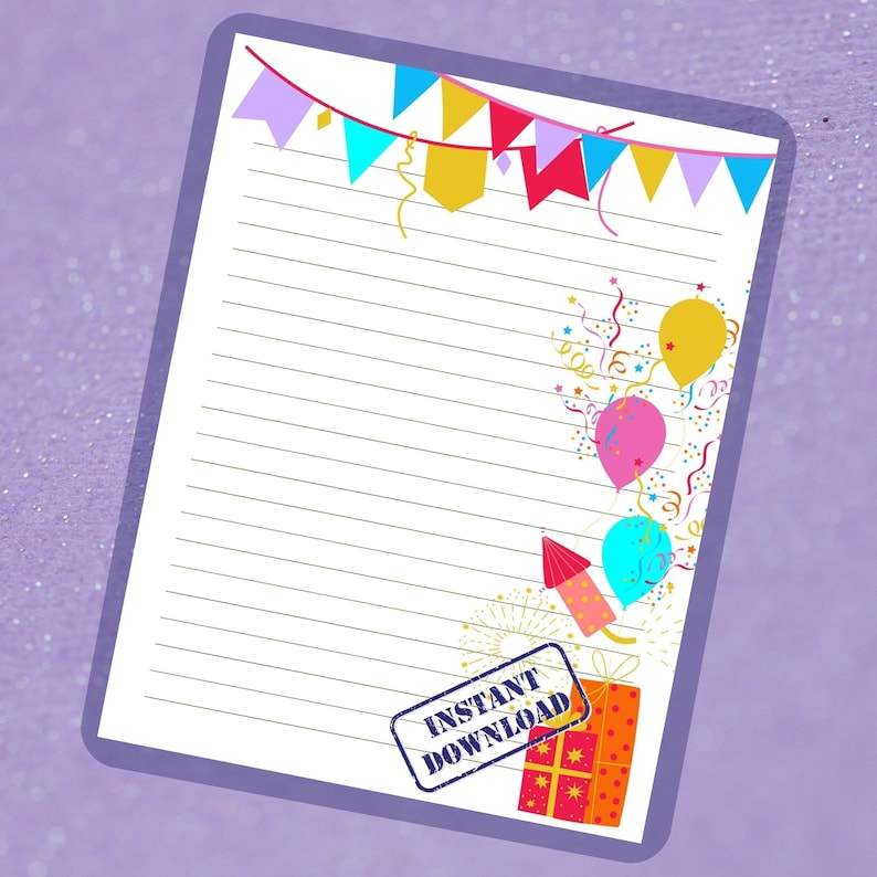 Printable Birthday Stationery, Balloons and Confetti, Lined & Blank ...