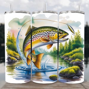 Seamless Trout Fishing Tumbler Wrap, Watercolor Trout Sublimation PNG Digital Download, 20oz Skinny Straight Tumbler Wrap Design