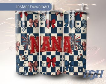 Patriotic Nana Tumbler Wrap, Coquette Bow Checkerboard Sublimation Design (Digital Download)