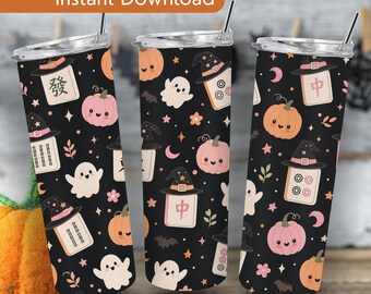 Mahjong Halloween 20oz Skinny Tumbler Wrap PNG, Cute Ghost Pumpkin Sublimation Design, Spooky Mahj Tile Game Seamless Digital Download
