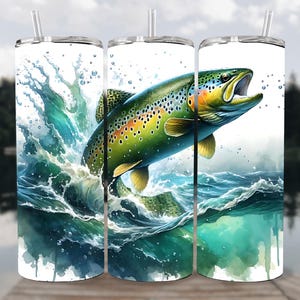 Seamless Fishing Tumbler Wrap, Watercolor Trout Sublimation PNG Digital Download, 20oz Skinny Straight Tumbler Wrap Design