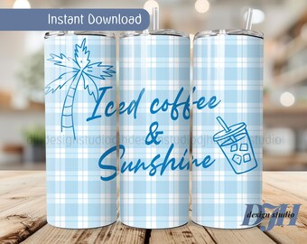Iced Coffee and Sunshine Summer Tumbler Wrap Blue Plaid 20oz Skinny Tumbler (PNG)