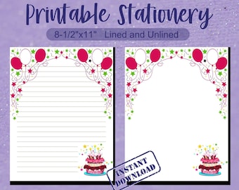 Printable Birthday Stationery with Balloons and Cake Border (Digital Download)