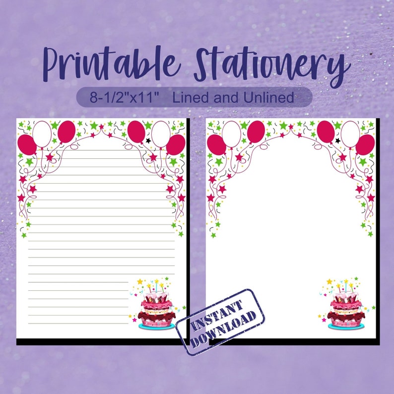 Printable Birthday Stationery With Balloons and Cake Border (digital ...