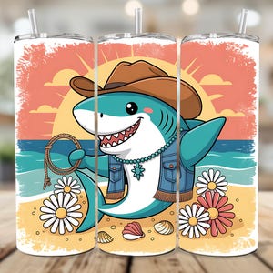 Shark Tumbler Wrap for Kids, Western Cowboy Shark Sublimation PNG Digital Download, 20oz Skinny Straight Tumbler Wrap Design