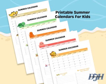 Printable Summer Calendars For Kids, Animals, Beach Theme (Digital Download)