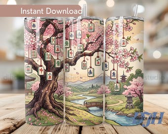 Mahjong Tumbler Wrap PNG, Cherry Blossom 20oz Skinny Tumbler Sublimation, Japanese Garden Landscape, Floral Asian Game Tile Digital Download
