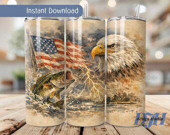 Patriotic Bass Fishing Seamless Tumbler Wrap, Bald Eagle American Flag Design (Digital Download)