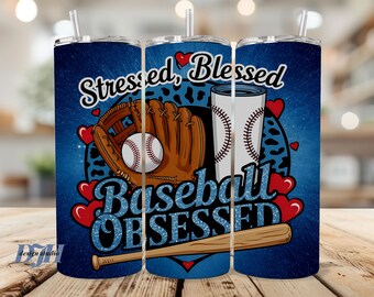 Baseball Mom Tumbler Wrap PNG, Stressed Blessed Baseball Obsessed, Blue 20oz Skinny Sublimation Design, Digital Download