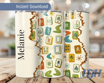 Mahjong Tumbler Wrap Mid Century Modern 20 oz PNG Sublimation Personalizable, Instant Download