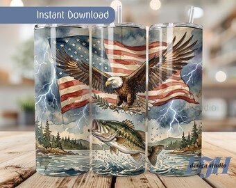 Americana Bass Fishing Tumbler Wrap, Eagle Flag Design (Digital Download)