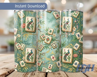 Mahjong Tumbler Wrap Bamboo and Birds 20 oz PNG Sublimation Seamless, Instant Download