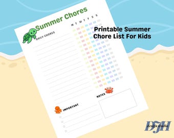 Printable Summer Chore Chart For Kids, Animals, Beach Theme (Digital Download)