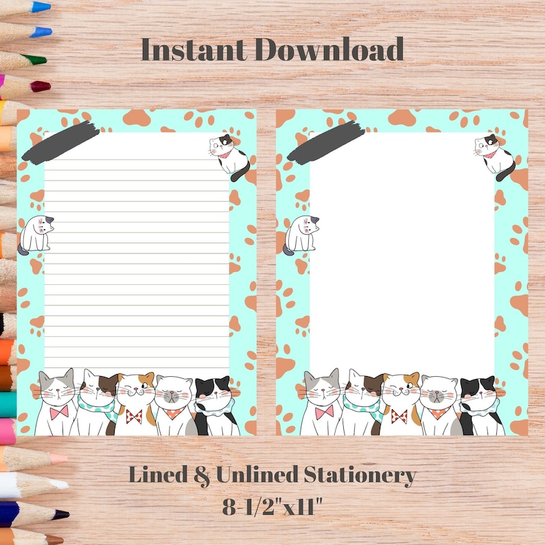 Printable Stationery, Cat Printable Letter Paper, Animal Paper, Floral ...