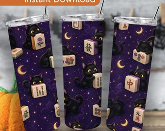 Black Cat Halloween 20oz Skinny Tumbler Wrap PNG, Spooky Mahjong Sublimation Design, Cute Witchy Tile Game Seamless Wrap Digital Download