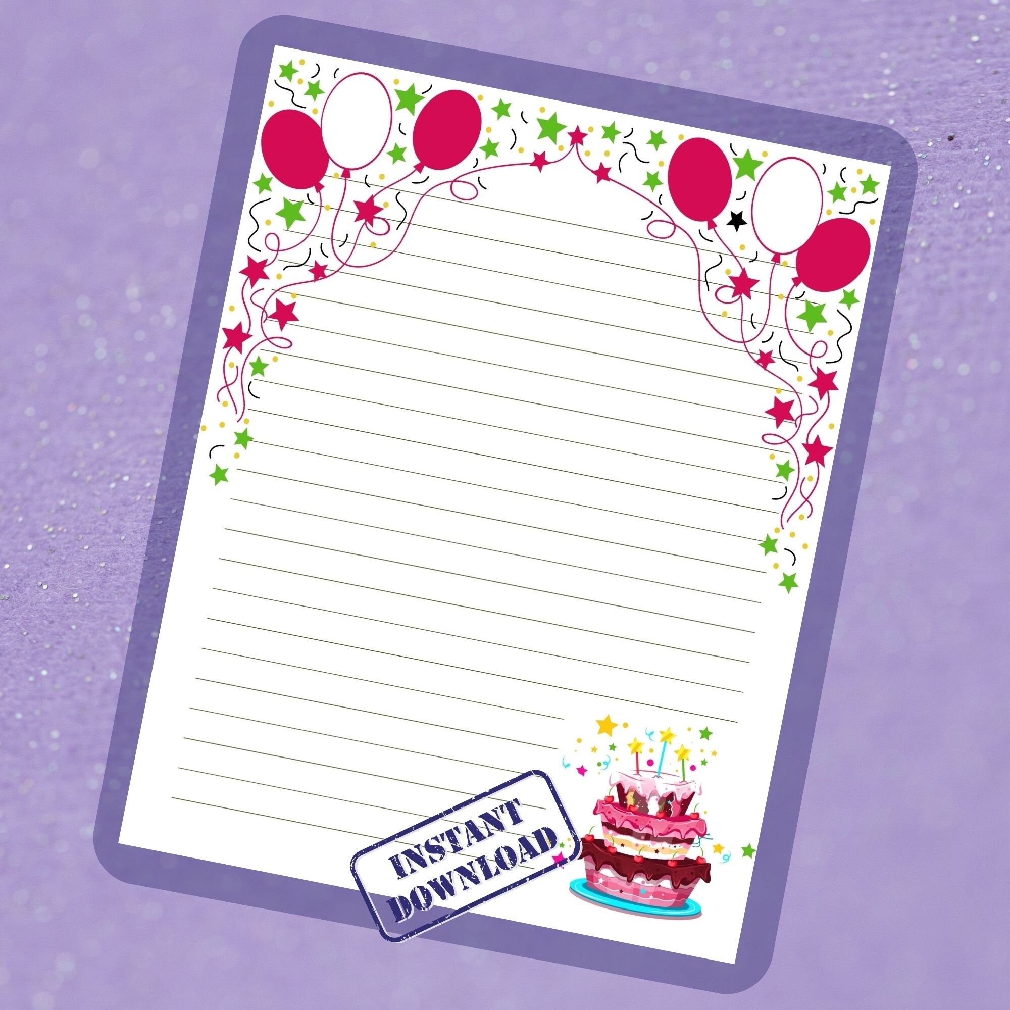 Printable Birthday Stationery With Balloons and Cake Border (digital ...