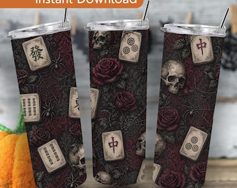 In My Spooky Mahj Era Tumbler Wrap PNG, Dark Gothic Halloween Mahjong 20oz Skinny Tumbler Design Seamless Sublimation File Digital Download