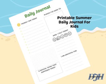 Printable Summer Daily Journal For Kids, Animals, Beach Theme (Digital Download)