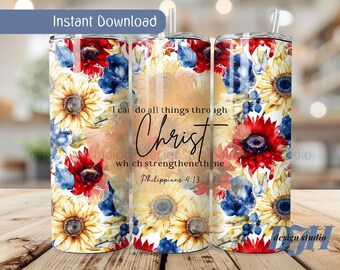 Christian Tumbler Wrap – Philippians 4:13 Patriotic Floral 20oz Skinny Tumbler (PNG)