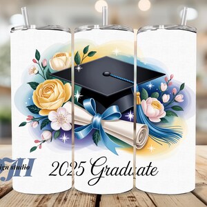 2025 Graduate Tumbler Wrap PNG Blue and Yellow Tumbler PNG, 20oz Skinny Tumbler Sublimation