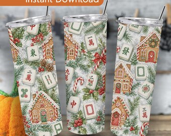 Christmas Mahjong Tumbler Wrap Seamless PNG, Gingerbread House Holiday Sublimation Design, 20oz Skinny Tumbler Digital Download