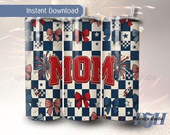 Patriotic MOM Tumbler Wrap PNG, 4th of July Coquette Bow Sublimation Design, Red White and Blue Checkerboard 20oz Skinny Tumbler Design,