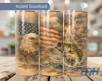 Fishing Tumbler Wrap, Patriotic Bass and Bald Eagle American Flag Design Seamless (Digital Download)
