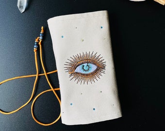 Eye symbol embroidered tarot deck wrap bag, waterproof fabric. Oracle Card pouch , Handmade Affirmation cards pouch, love tarot reading,