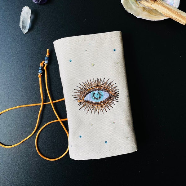 Eye symbol embroidered tarot deck wrap bag, waterproof fabric. Oracle Card pouch , Handmade Affirmation cards pouch, love tarot reading,
