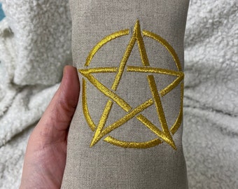 Pentagram symbol embroidered linen cards wrapping bag,altar tarot card cloth, handmade tarot pouch bag,love tarot reading,magician tarot bag