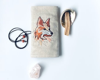 FOX symbol embroidered linen cards pouch ,altar tarot card cloth, handmade tarot wrapping bag,Love tarot reading, magician tarot bag