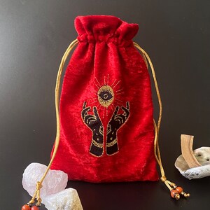 刺繍入りベルベット巾着バッグ、ハンドメイド、コットン裏地