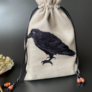 Sac à cordon en corbeau brodé, fait main, doublure en coton