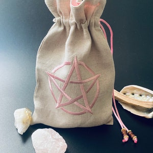 刺繍入り五芒星柄ナチュラルリネン巾着バッグ、ハンドメイド、コットン裏地