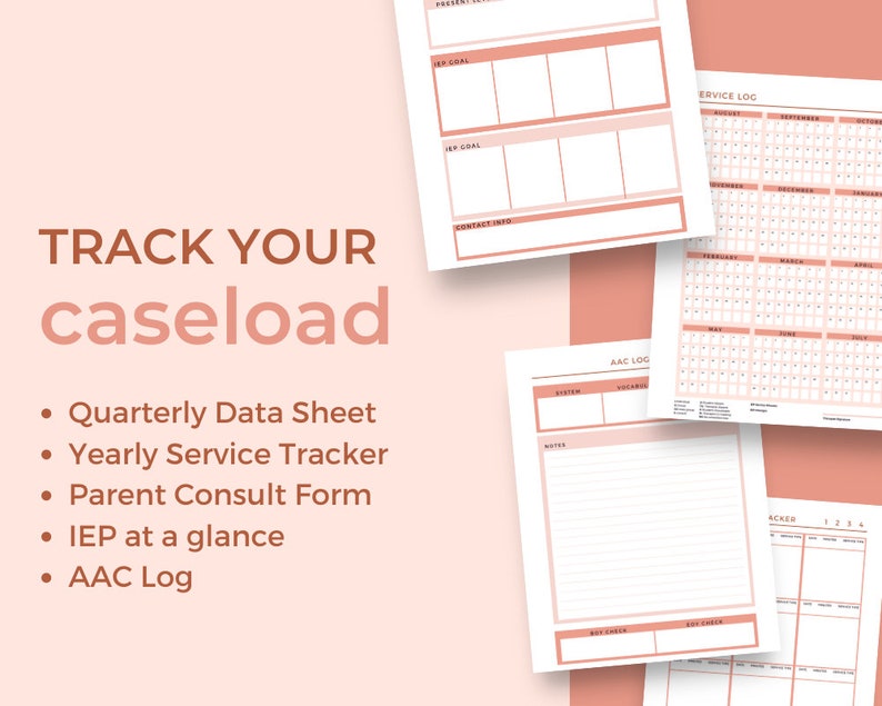May include: A set of printable planners and trackers for caseload management. The pages include sections for IEP goals, contact info, service log, AAC log, and quarterly data sheets.